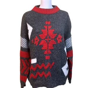 Susann D vintage Aztec sweater, red/gray/white, large, oversized, cozy, graphic